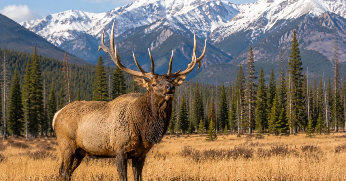 Large bull elk standing in a Montana mountain meadow with snow-capped peaks and lodgepole pine forest behind