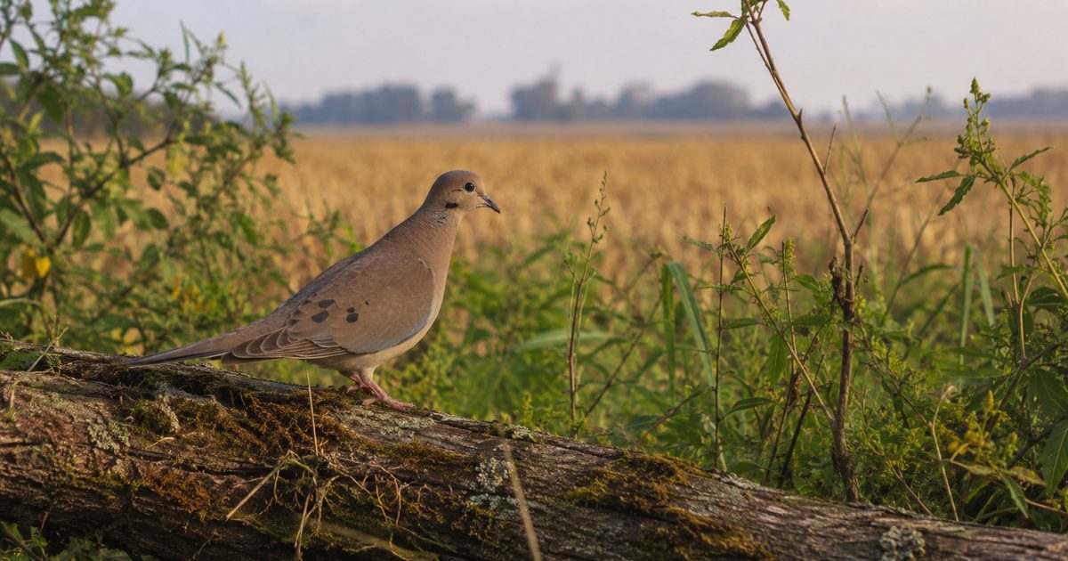 Bird standing on a moss-covered log in natural habitat, Argentina dove hunting