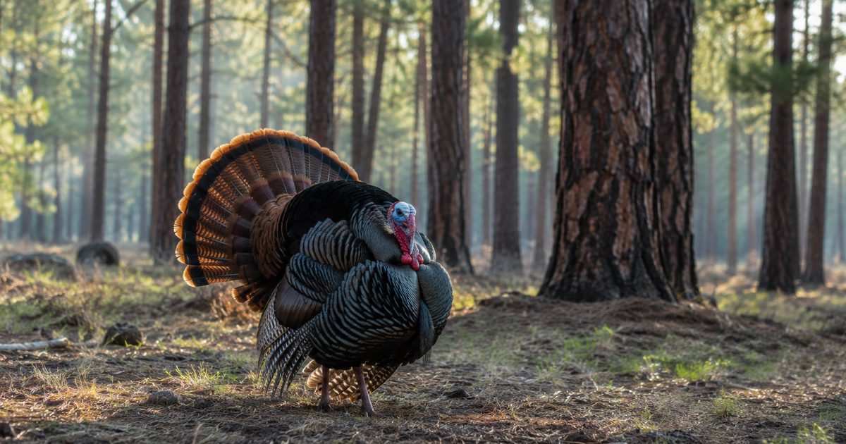 Hunter using a box call in a spring forest setup for turkey hunting with shotgun resting on knee