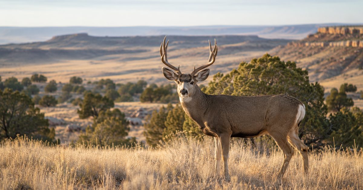 Mule deer buck on ridge in western terrain